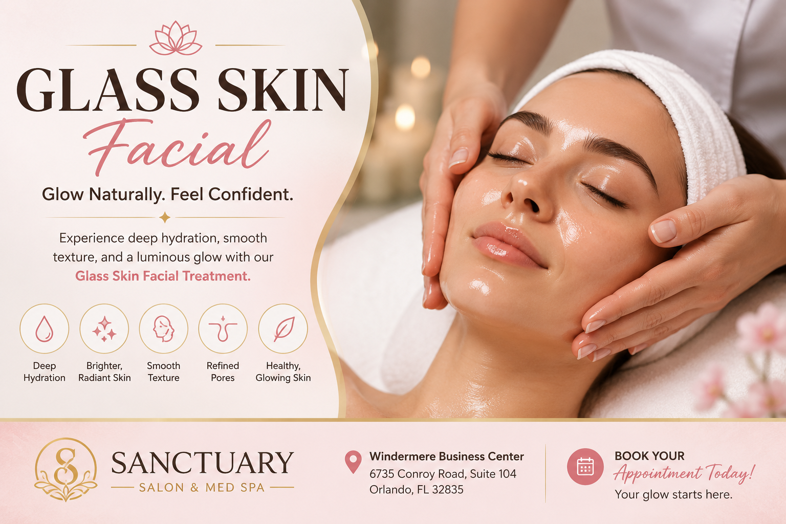 Woman receiving a Glass Skin Facial treatment at Sanctuary Salon & Med Spa in Orlando, Florida for radiant and hydrated skin.