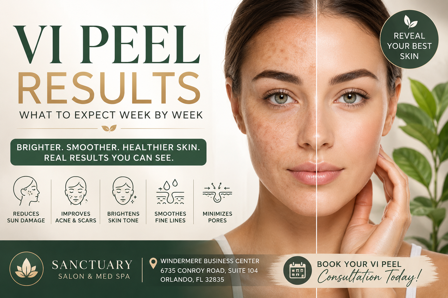 Woman showing visible VI Peel results after professional chemical peel treatment at Sanctuary Salon & Med Spa in Orlando, Florida.