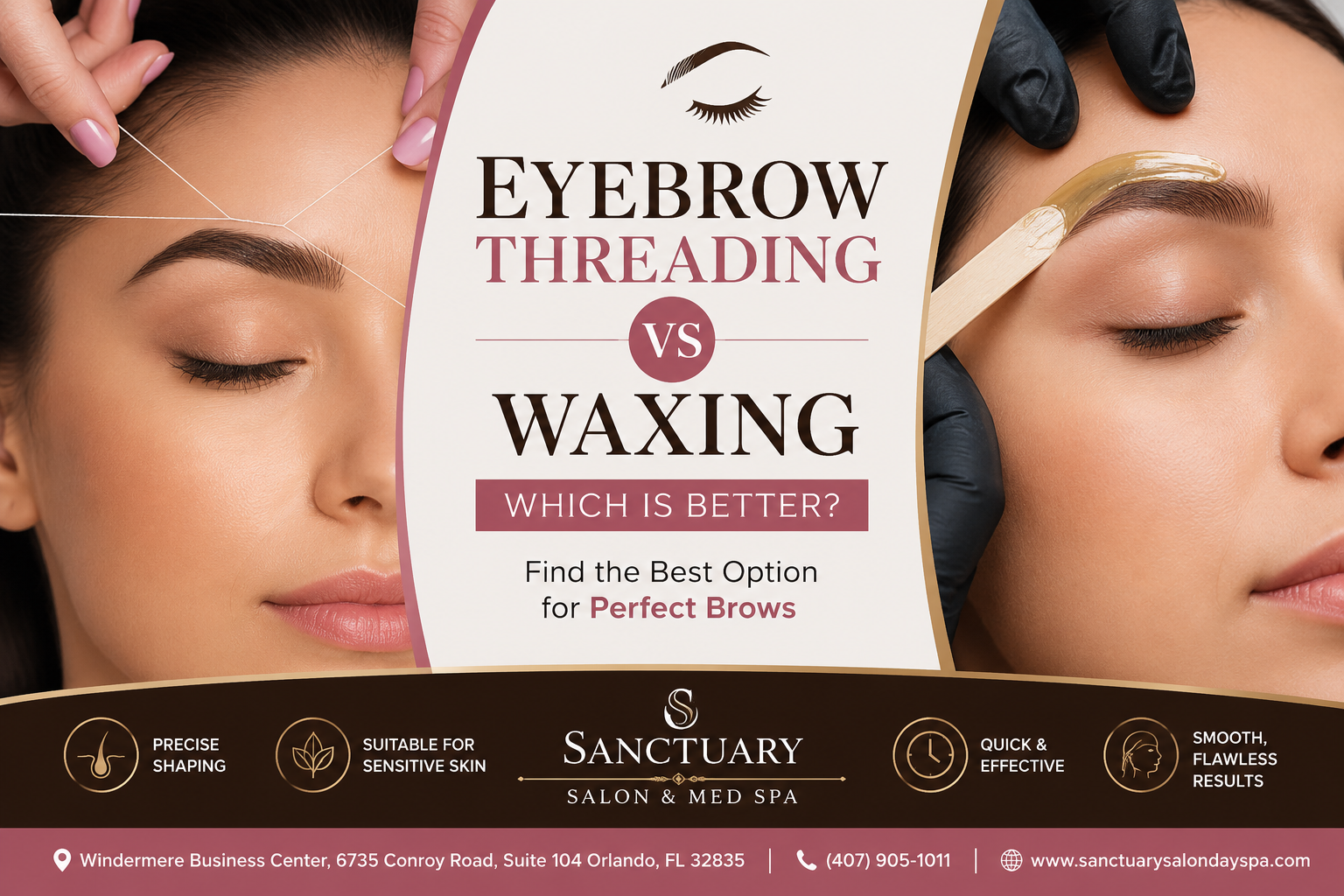 Eyebrow threading vs waxing comparison showing professional brow shaping treatments at Sanctuary Salon & Med Spa in Orlando, Florida.