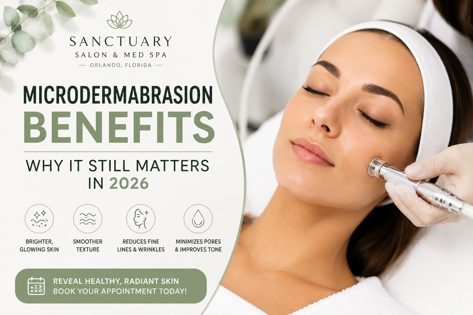 Woman receiving a professional microdermabrasion facial at Sanctuary Salon & Med Spa in Orlando, Florida, highlighting the benefits of smoother, brighter, and healthier-looking skin in 2026.